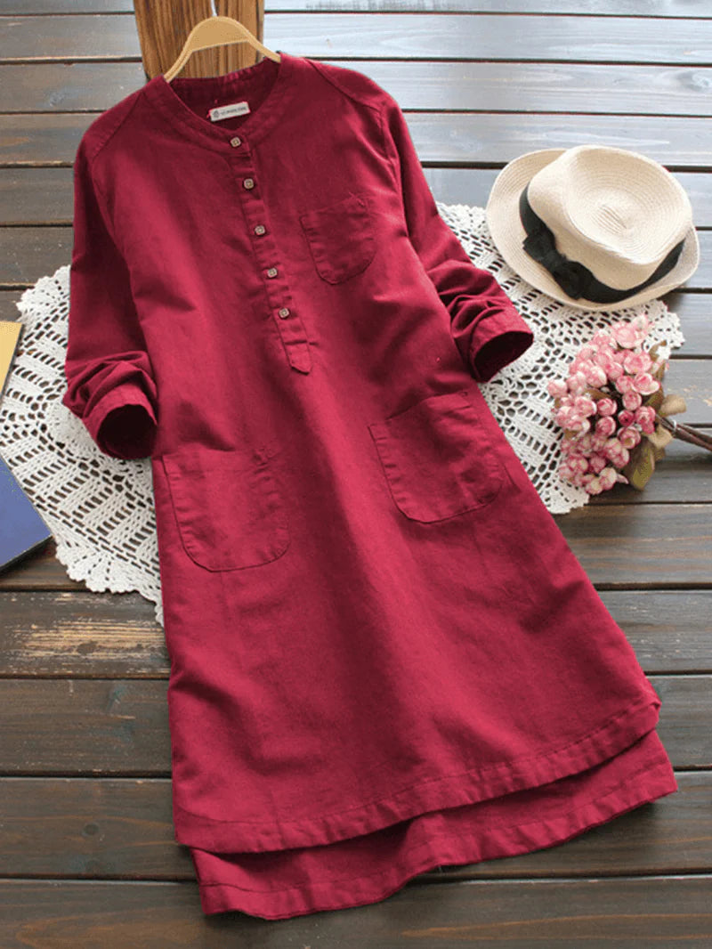 Women Vintage Long Sleeve Buttons Cotton Mini Shirt Dresses