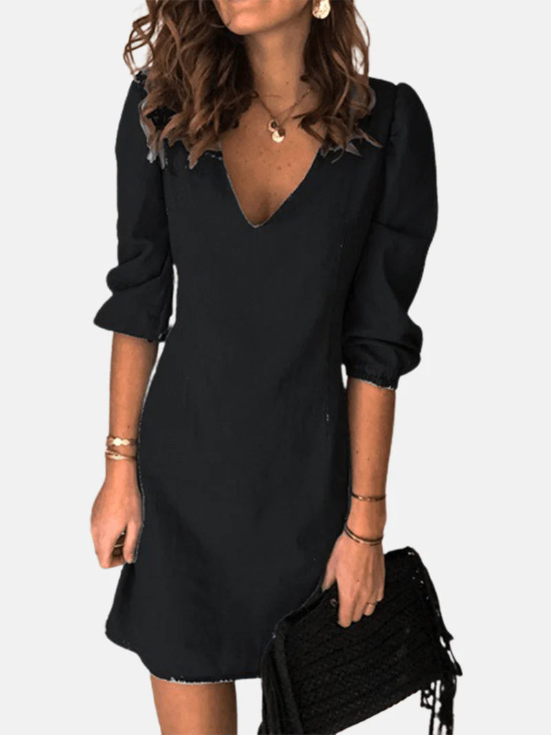 V-Neck Denim Mini Shirt Dress with 3/4 Sleeves for Women - Casual and Chic