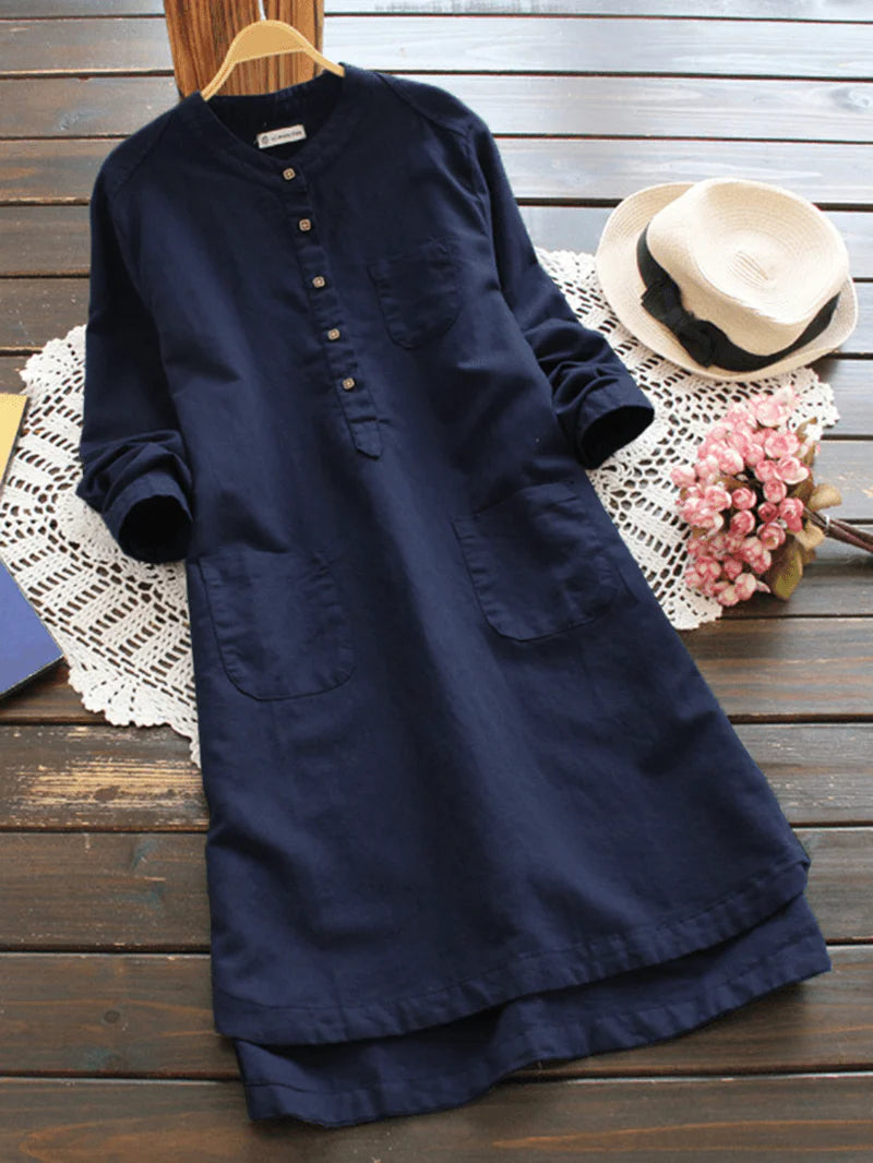 Women Vintage Long Sleeve Buttons Cotton Mini Shirt Dresses