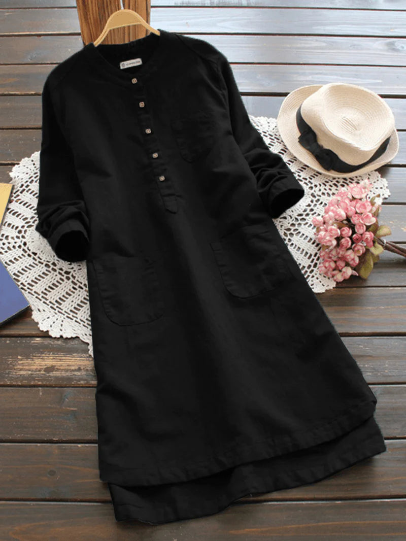 Women Vintage Long Sleeve Buttons Cotton Mini Shirt Dresses