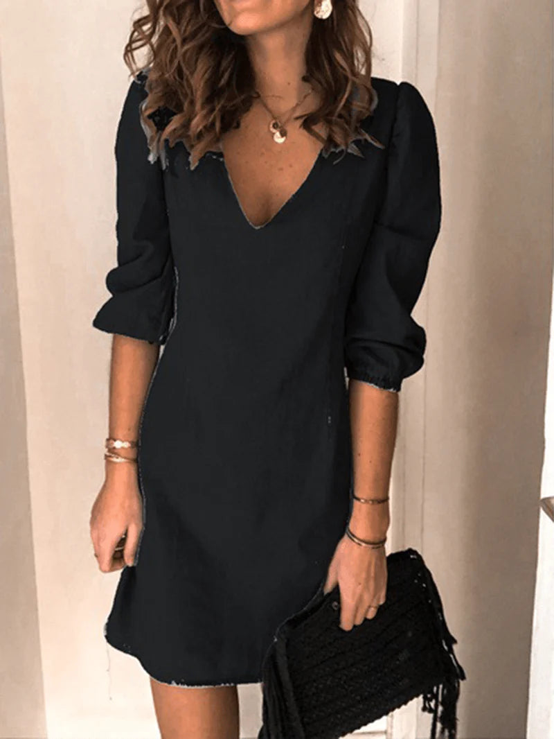 V-Neck Denim Mini Shirt Dress with 3/4 Sleeves for Women - Casual and Chic