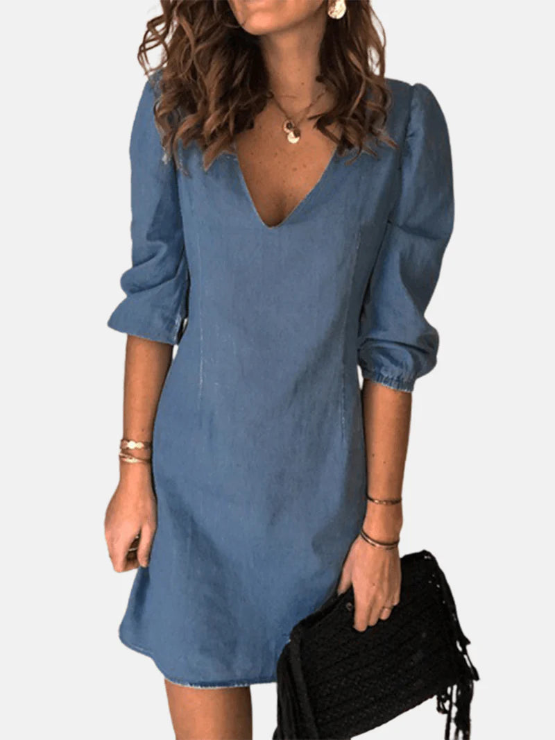 V-Neck Denim Mini Shirt Dress with 3/4 Sleeves for Women - Casual and Chic