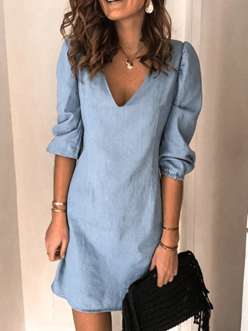 V-Neck Denim Mini Shirt Dress with 3/4 Sleeves for Women - Casual and Chic