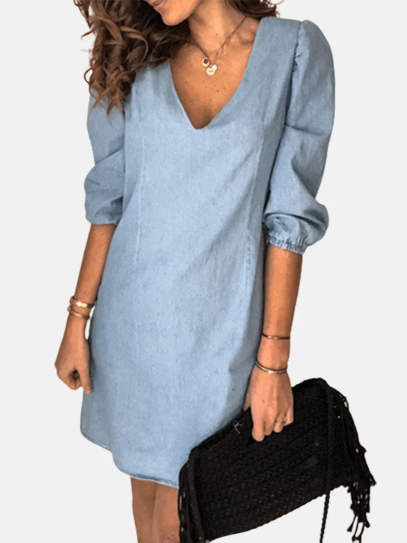 V-Neck Denim Mini Shirt Dress with 3/4 Sleeves for Women - Casual and Chic