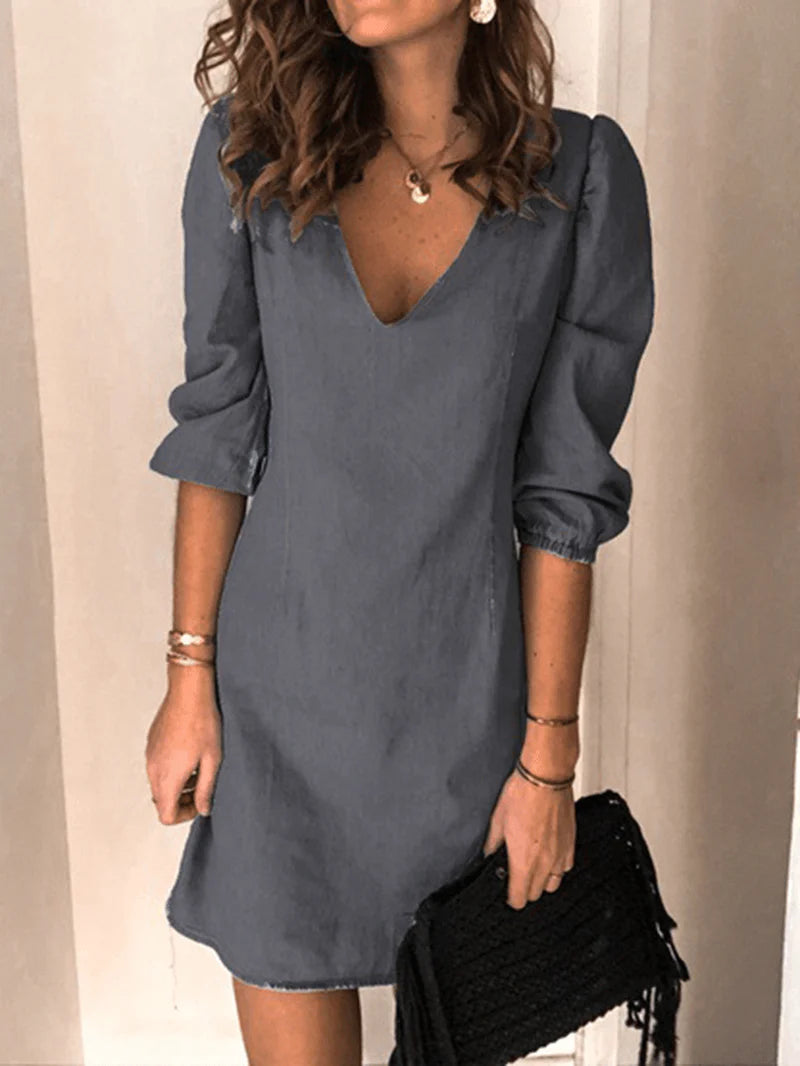 V-Neck Denim Mini Shirt Dress with 3/4 Sleeves for Women - Casual and Chic