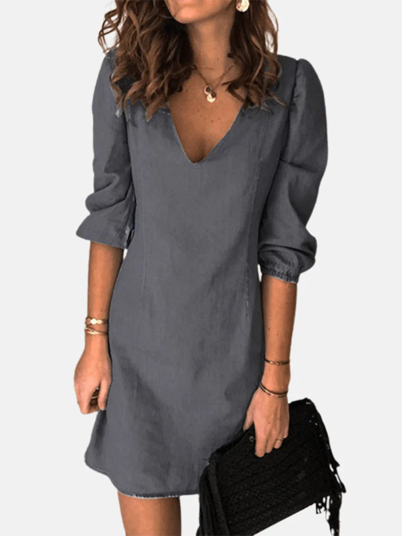 V-Neck Denim Mini Shirt Dress with 3/4 Sleeves for Women - Casual and Chic